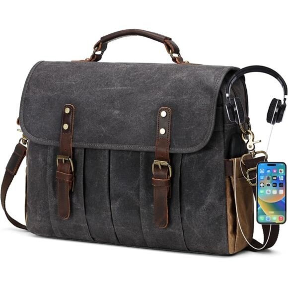 NEW Dark Grey Leather Messenger Bag - Picture 1 of 5